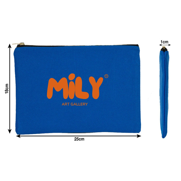 Blue pouch with orange 'MILY' branding and dimensions on a white background