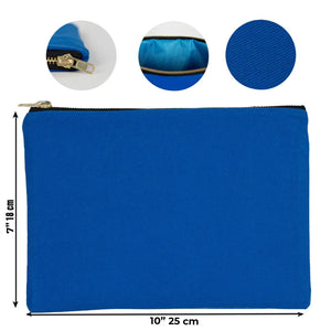 Blue pouch with measurements and close-up details on a white background