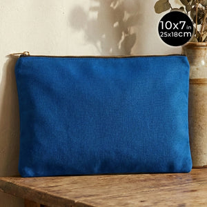 Blue pouch on a wooden surface with a neutral background