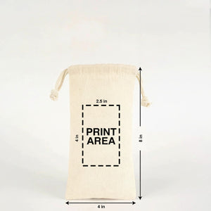 Custom printed cotton muslin drawstring pouch detail of self-fabric cord