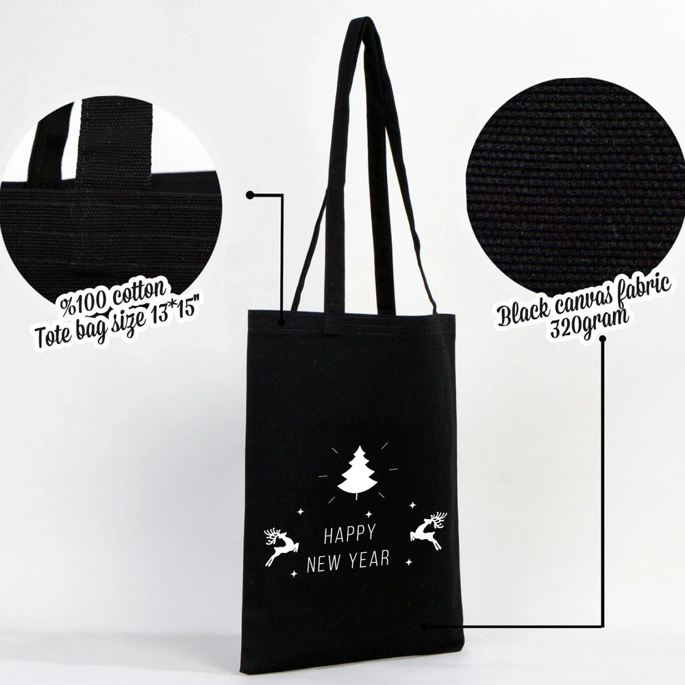 New Year Bags – Black Canvas Tote with Custom Printed Holiday Designs