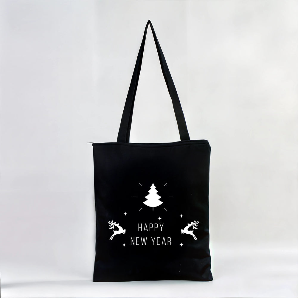 New Year Bags – Black Canvas Tote with Custom Printed Holiday Designs