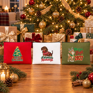 Christmas Makeup Bags Bulk – 9 Holiday & New Year 2027 Designs, Zipper Clutch 8.3" × 6" (21 × 15 cm) – Cotton Gabardine