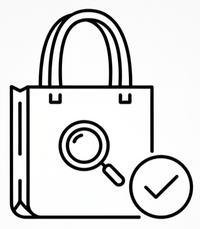 Outline of a tote bag with a magnifying glass and check mark, symbolizing preview and approval for tote bag customization.
