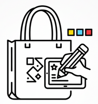 Icon of a tote bag with a hand holding a phone, symbolizing tote bag customization.
