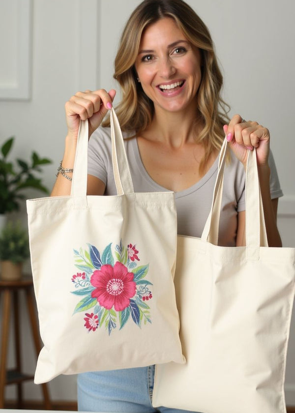 Woman holding two tote bags with floral designs in a home setting