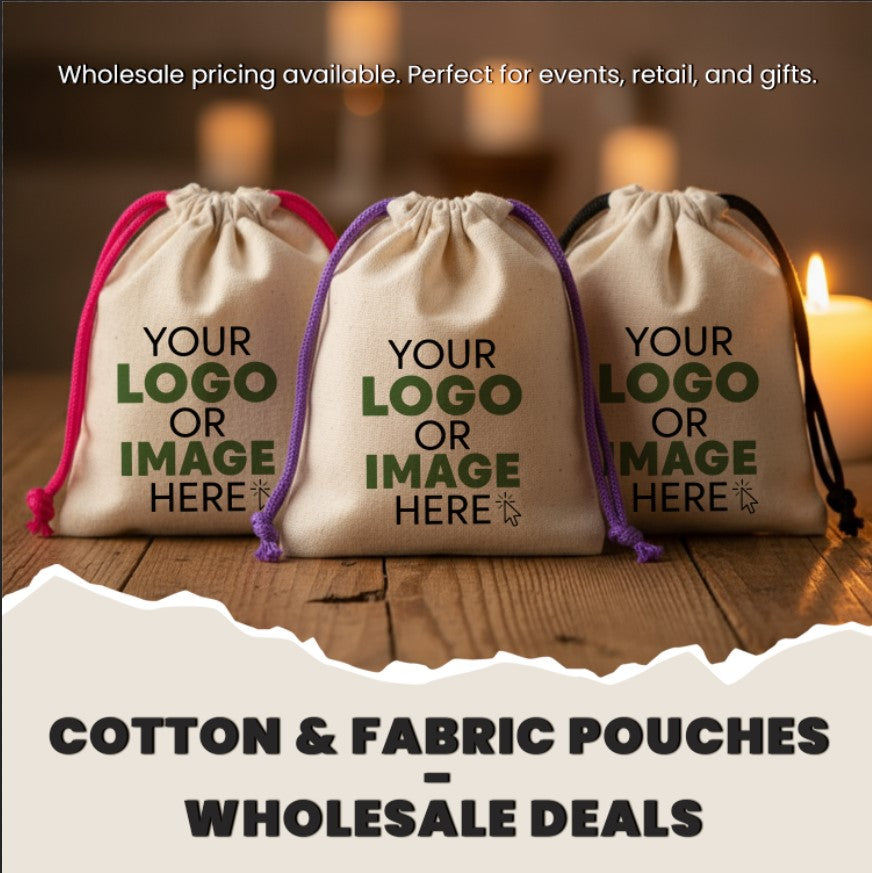 Three customizable cotton and fabric pouches with text on a wooden surface.