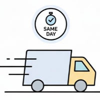 Illustration of a delivery truck with 'Same Day' icon above it on a white background