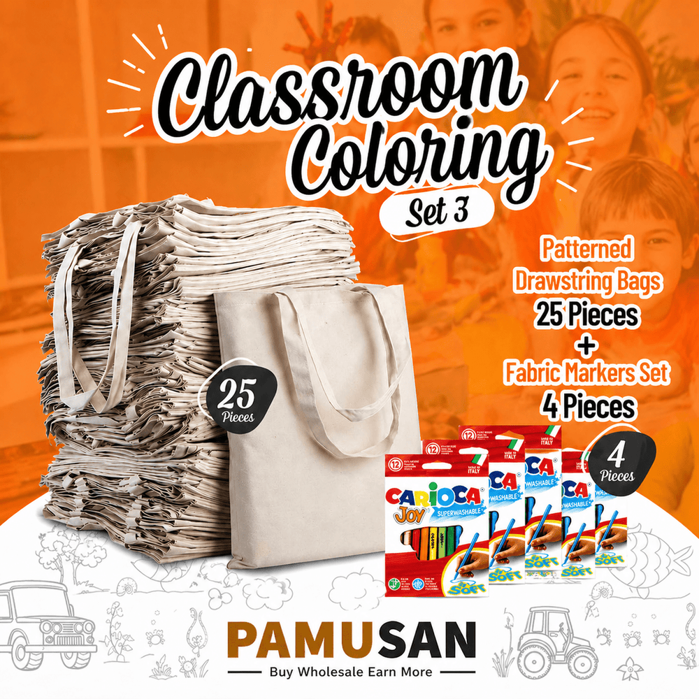 Activity Tote Coloring Set 3 | 25 Blank Cotton Tote Bags 14"x16"+ 4 Marker Sets (12 Colors) - Pamusan.com