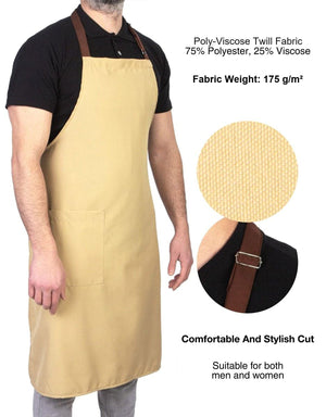 Adjustable Kitchen Apron with Pocket – Beige & Light Brown Unisex Chef Apron, 175 g/m² Poly-Viscose - Pamusan.com