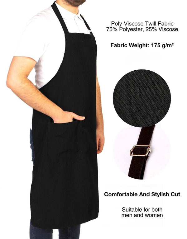 Adjustable Kitchen Apron with Pocket – Black Unisex Chef Apron, 175 g/m² Poly-Viscose - Pamusan.com