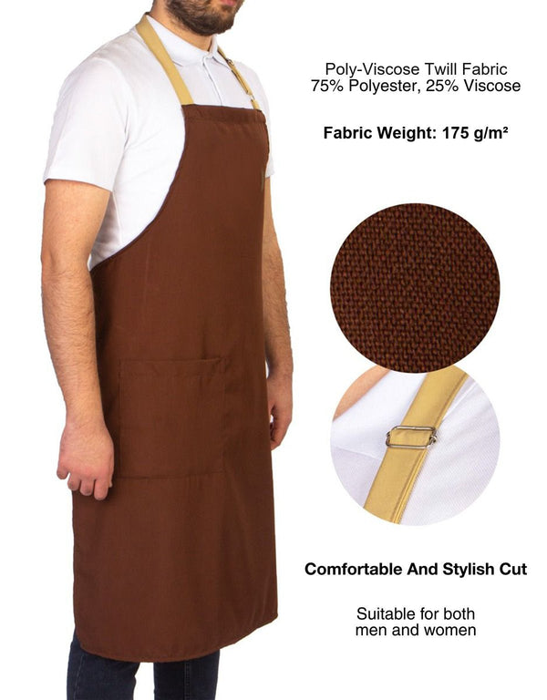 Adjustable Kitchen Apron with Pocket – Brown & Beige Unisex Chef Apron, 175 g/m² Poly-Viscose - Pamusan.com