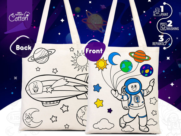 Astronaut & Zeppelin Coloring Bag 14"W X 16"H (35x40 cm) Cotton Handle - Pamusan.com