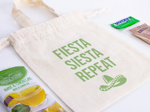 Bachelorette Party Hangover Kit Bags - Fiesta Siesta - Raw Cotton - 6" x 8" - Recovery Survival - Pamusan.com