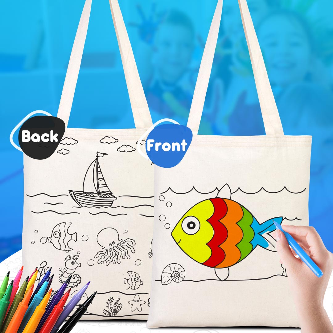 Bammerz Paintable Cotton Bag  14"W x 16"H (35 cm x 40 cm)  - Fish & Boat - NO PENCİL İNCLUDED