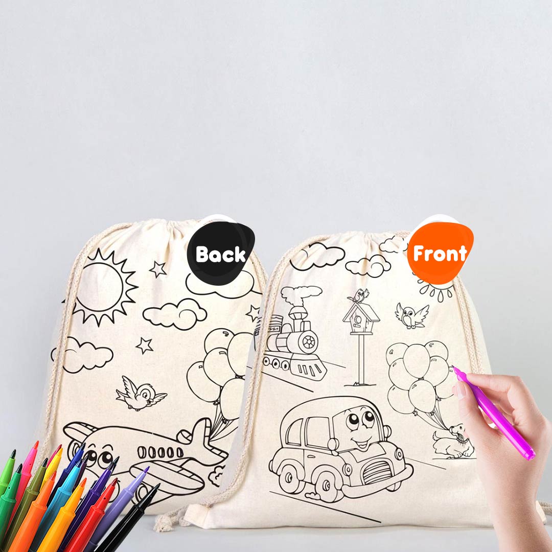 Drawstring Backpack Car and Plane Coloring Bags for Kids - 14" W x 16" H  (35x40 cm)