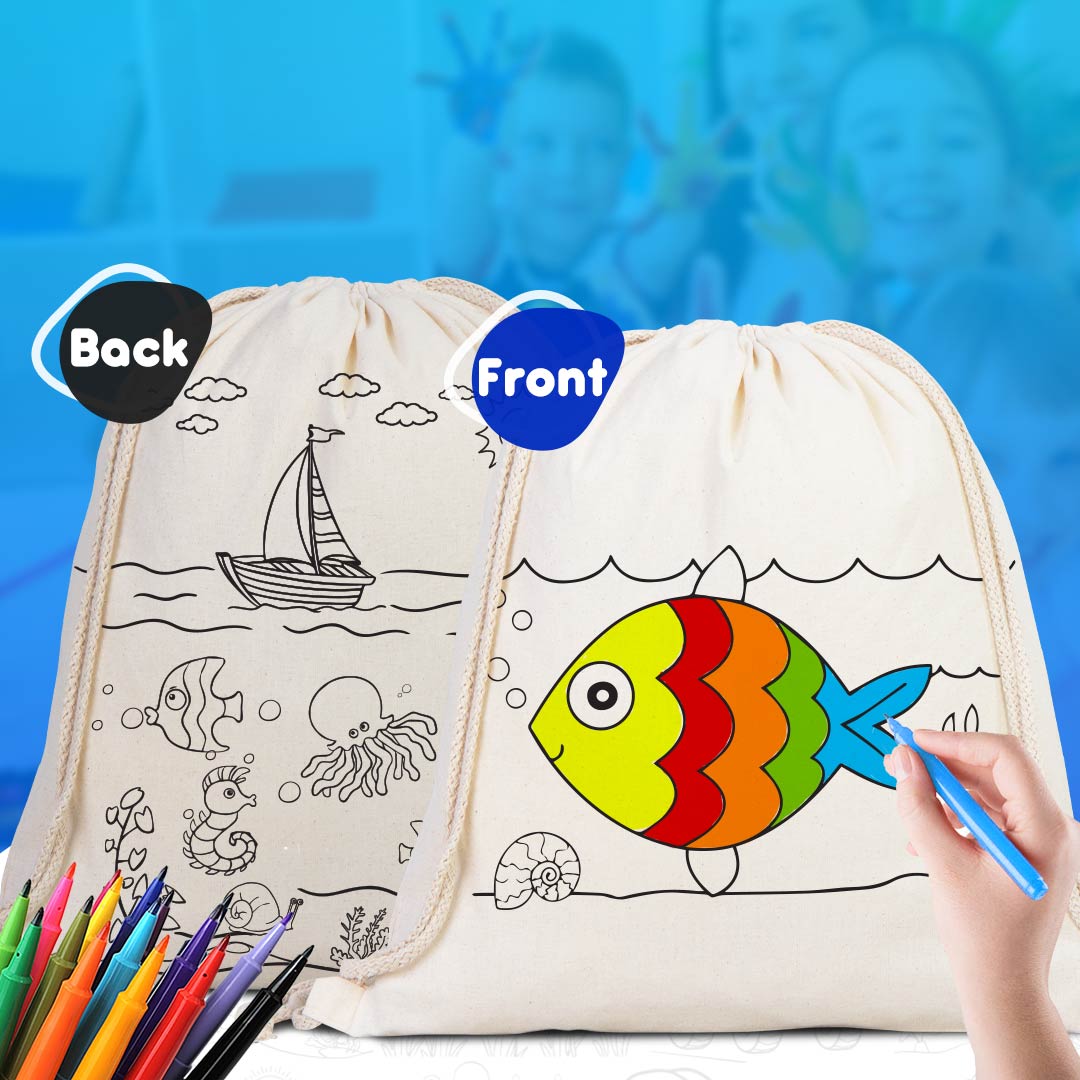 Drawstring Backpack Fish and Boat Coloring Bags for Kids - 14" W x 16" H  (35x40 cm)