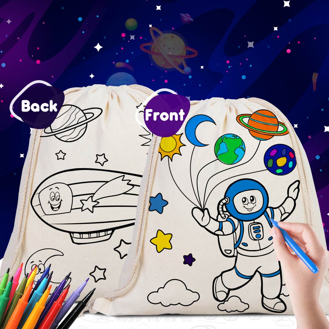 Drawstring Backpack Astronaut and Zeppelin Coloring Bags for Kids -14" W x 16" H (35x40 cm)