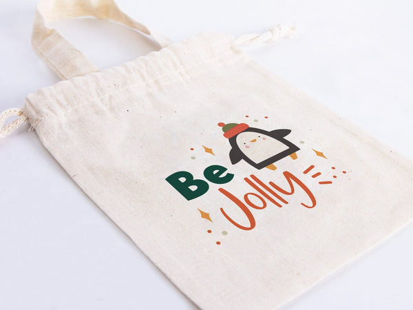Be Jolly Bags - 6"W x 8"H (15 cm x 20 cm) Custom Family or Company Bags - Add Logo & Text - Personalized Cotton Muslin Bags - Pamusan.com