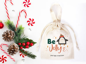 Be Jolly Bags - 6"W x 8"H (15 cm x 20 cm) Custom Family or Company Bags - Add Logo & Text - Personalized Cotton Muslin Bags - Pamusan.com