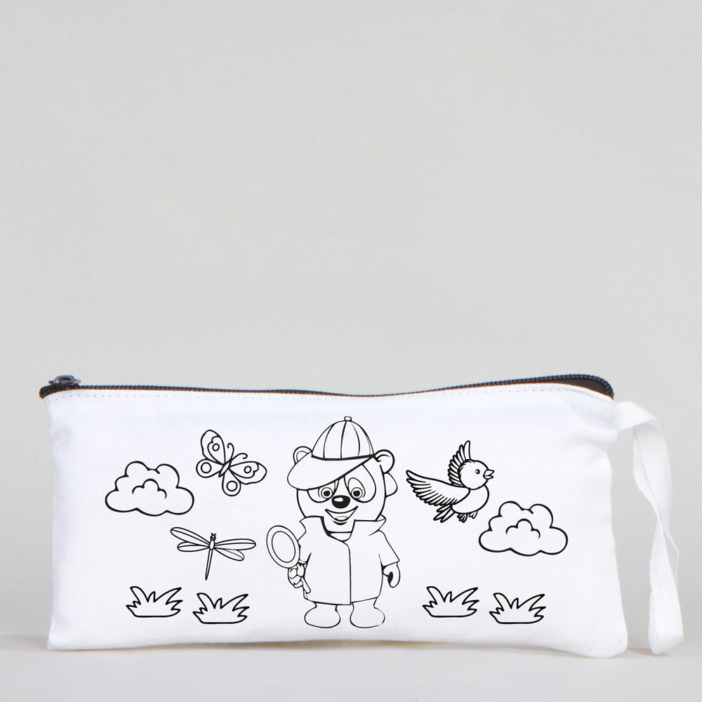 Dyeable Fabric Pencil Case 8" W x 4" H (21cm x 10cm)  -  Detective Bear