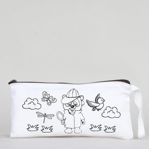 Dyeable Fabric Pencil Case 8" W x 4" H (21cm x 10cm)  -  Detective Bear