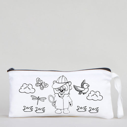 Dyeable Fabric Pencil Case 8" W x 4" H (21cm x 10cm)  -  Detective Bear