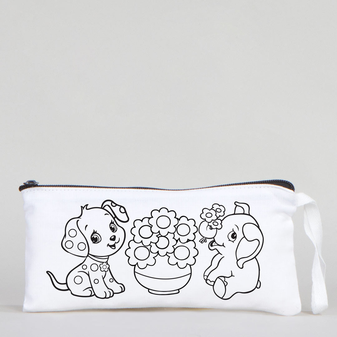 Dyeable Fabric Pencil Case 8" W x 4" H (21cm x 10cm)  -  Dog & Elephant