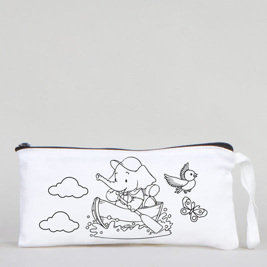 Dyeable Fabric Pencil Case - 8" W x 4" H (21cm x 10cm) Adventurous Elephant