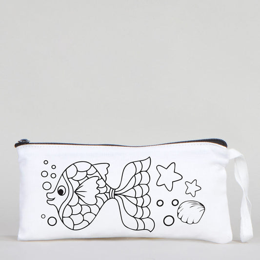 Dyeable Fabric Pencil Case  8" W x 4" H (21cm x 10cm)  - Happy Fish