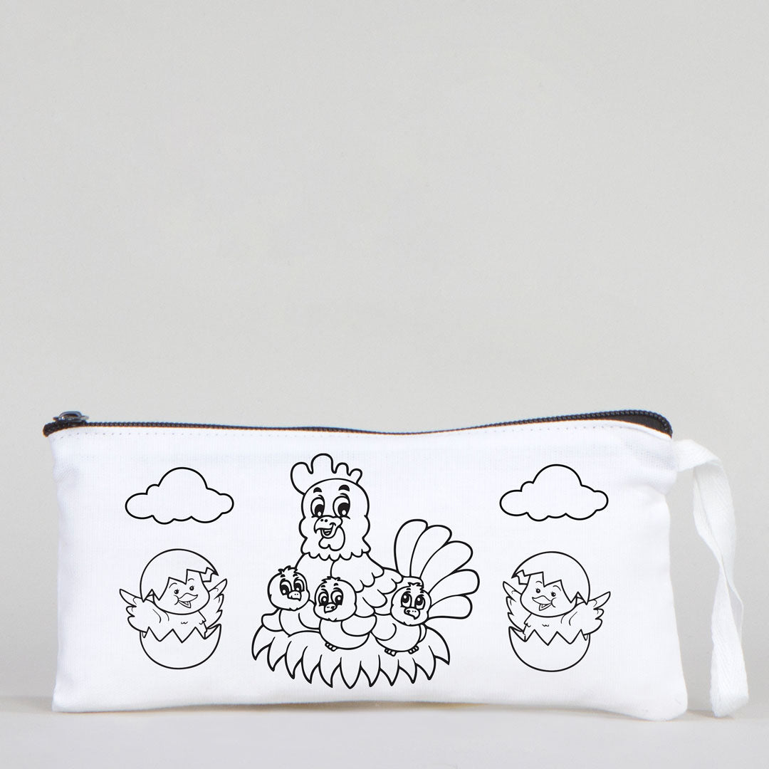 Dyeable Fabric Pencil Case  8" W x 4" H (21cm x 10cm) - Happy Chickens