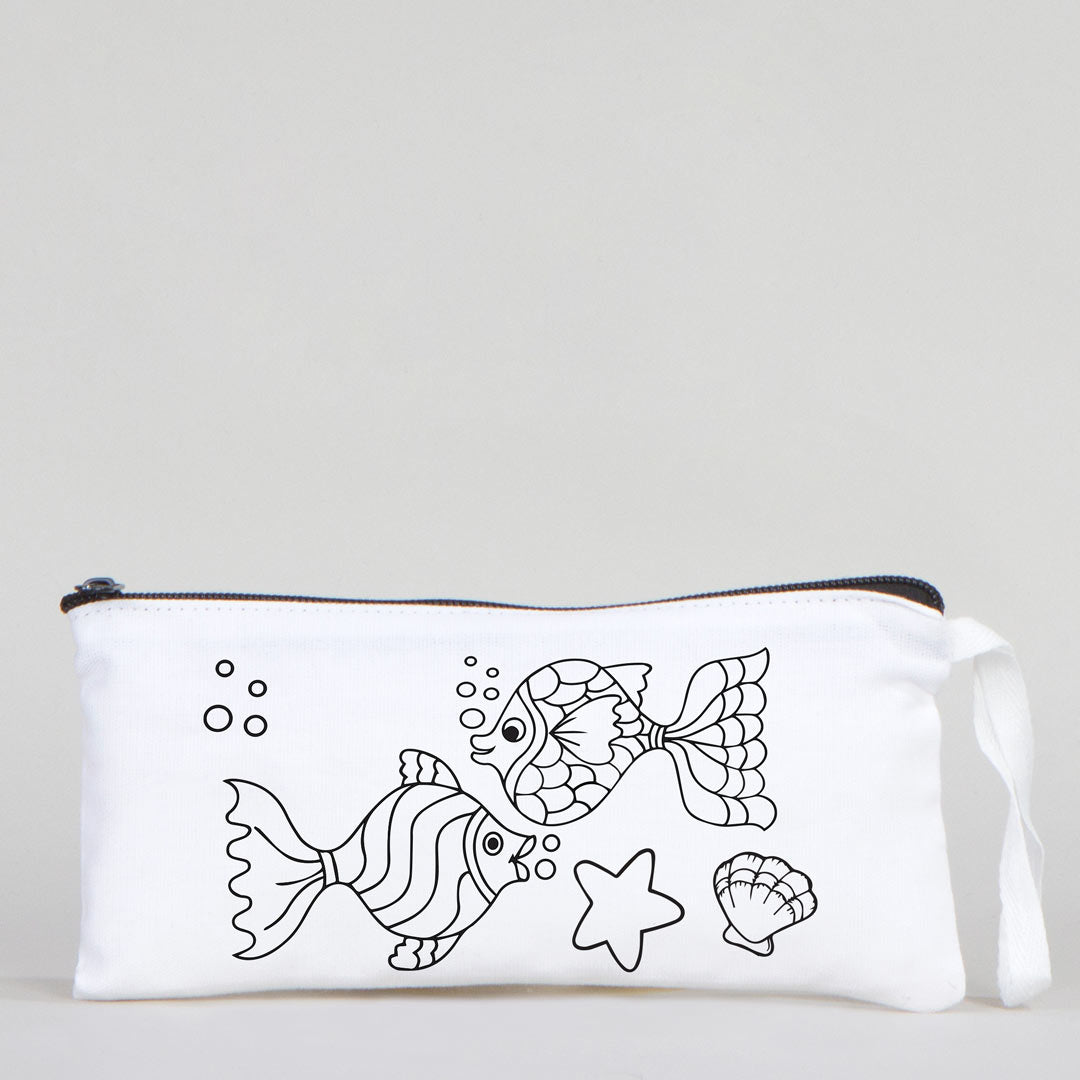 Dyeable Fabric Pencil Case 8" W x 4" H (21cm x 10cm)  - Fishes