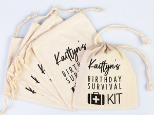 Birthday Survival Kit Bags – Custom Name Print Cotton Drawstring Pouch — print detail | Pamusan