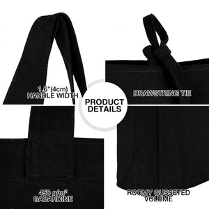 Black canvas tote bag product details – 450 g/m² gabardine, drawstring tie, gusseted base – Pamusan.com