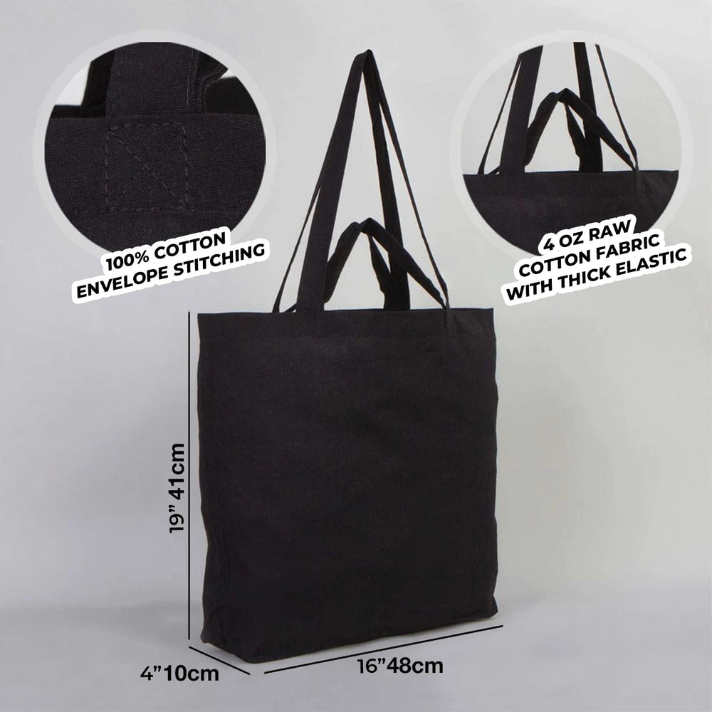 Black Cotton Shopping Tote Bag – 19" × 16" × 4" (48 × 41 × 10 cm) – 4 oz - Pamusan.com