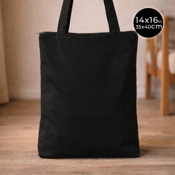 Black Gabardine Tote Bag With Zipper 14"W x 16"H – Blank Cotton Shopping & Gift Bag - Pamusan.com
