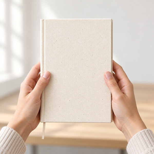Hands holding a blank natural canvas notebook in a bright office – A5 unprinted cotton cover | Pamusan.com