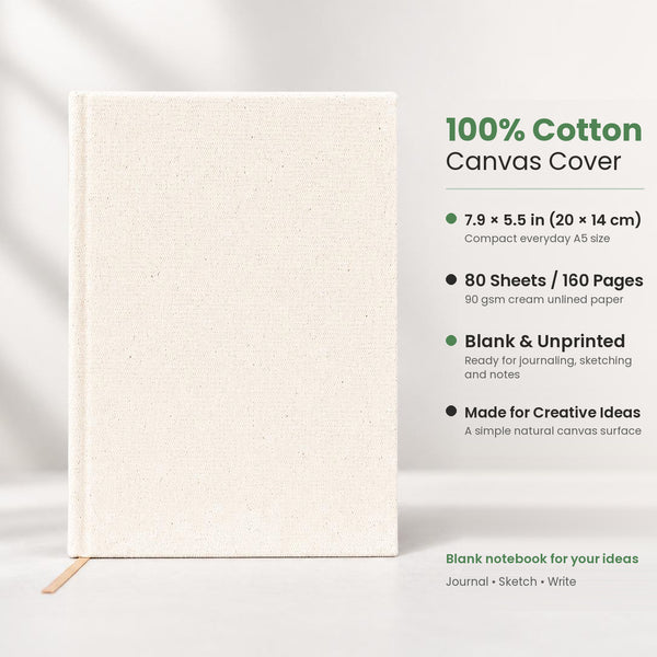 Blank canvas notebook specs: 100% cotton cover, 7.9 x 5.5 in (20 x 14 cm), 80 sheets / 160 pages, 90 gsm paper | Pamusan.com