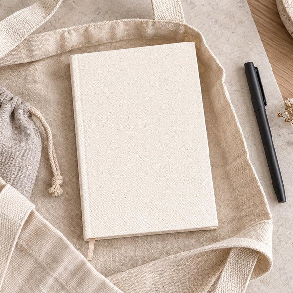 Blank natural canvas notebook lying in a linen tote bag with a black pen – plain unprinted cover | Pamusan.com