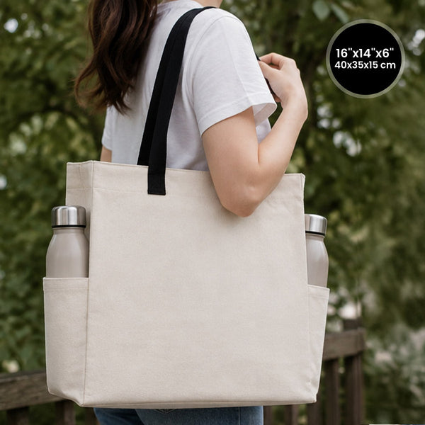 Blank Canvas Tote Bags 16"W x 14"H x 6"L – Two Side Pockets, Black Woven Handles, Full 6" Gusset – 450 gsm Cotton - Pamusan.com