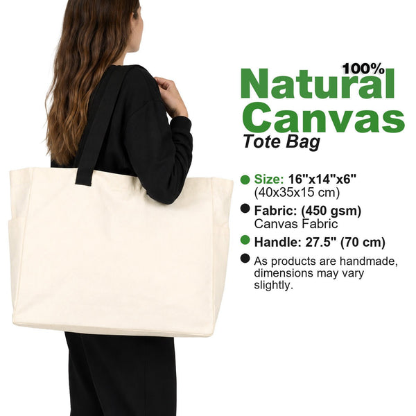Blank Canvas Tote Bags 16"W x 14"H x 6"L – Two Side Pockets, Black Woven Handles, Full 6" Gusset – 450 gsm Cotton - Pamusan.com