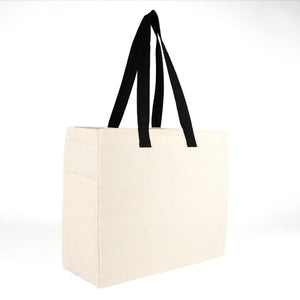 Blank Canvas Tote Bags 16"W x 14"H x 6"L – Two Side Pockets, Black Woven Handles, Full 6" Gusset – 450 gsm Cotton - Pamusan.com