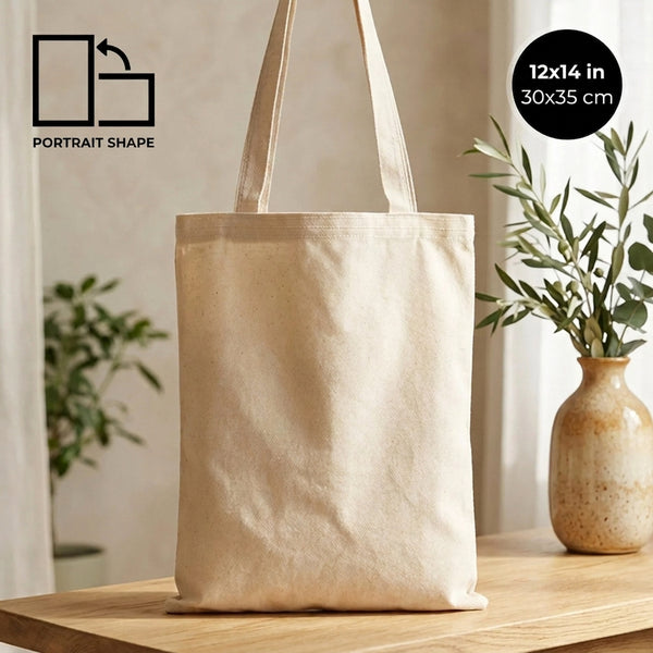 Blank Cotton Tote Bag 12"x14" – on a wooden table – Pamusan.com