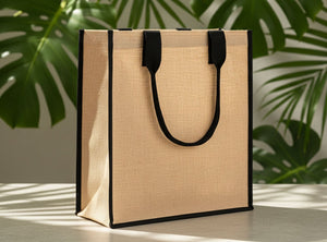 Blank Jute Tote Bag 14" x 16" x 4" – Eco - Friendly Reusable Bag with Black Handles - Pamusan.com
