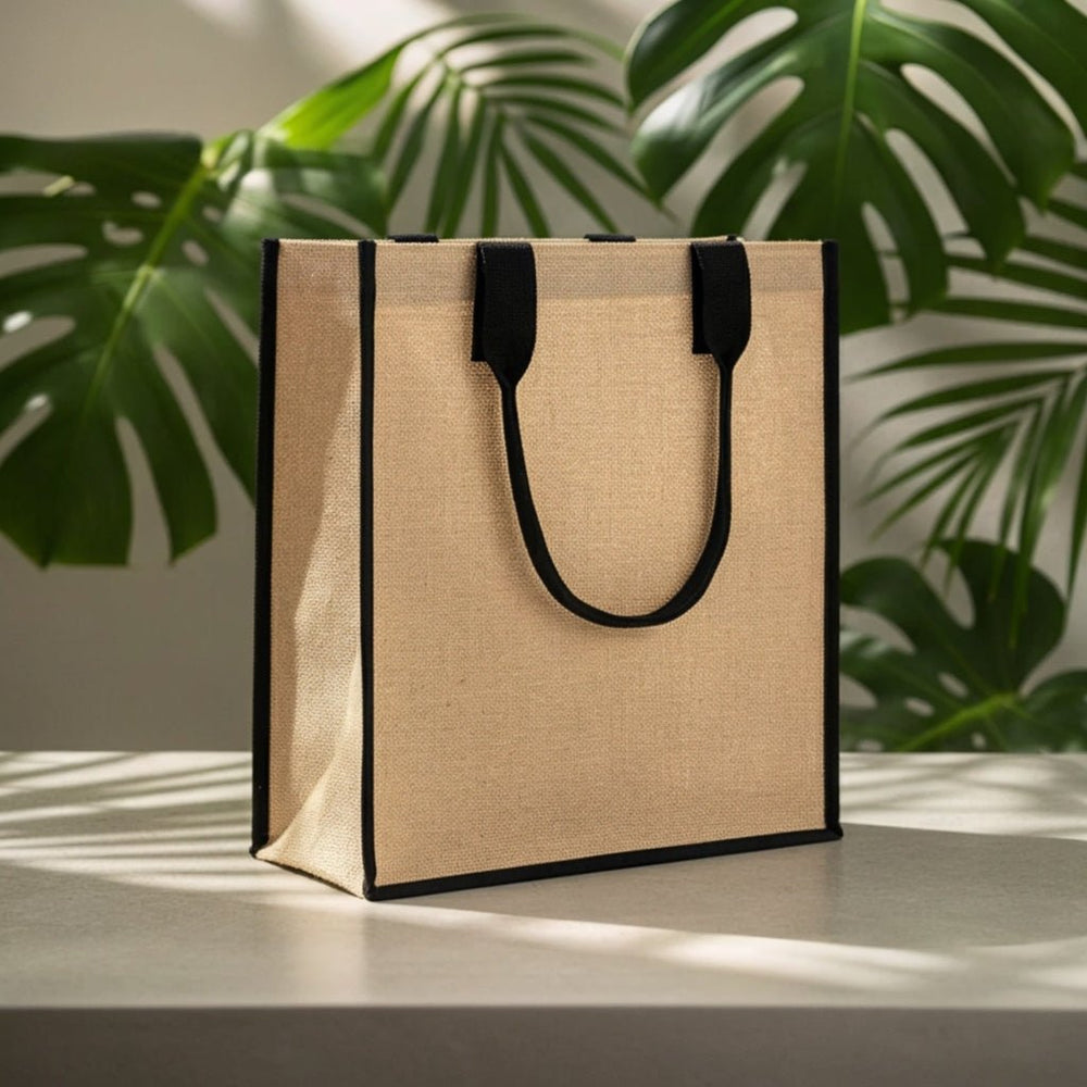 Blank Jute Tote Bag 14" x 16" x 4" – Eco - Friendly Reusable Bag with Black Handles - Pamusan.com