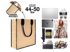 Blank Jute Tote Bag 14" x 16" x 4" – Eco - Friendly Reusable Bag with Black Handles - Pamusan.com