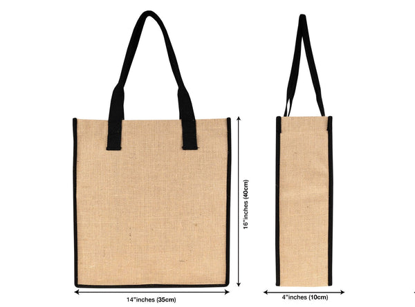 Blank Jute Tote Bag 14" x 16" x 4" – Eco - Friendly Reusable Bag with Black Handles - Pamusan.com