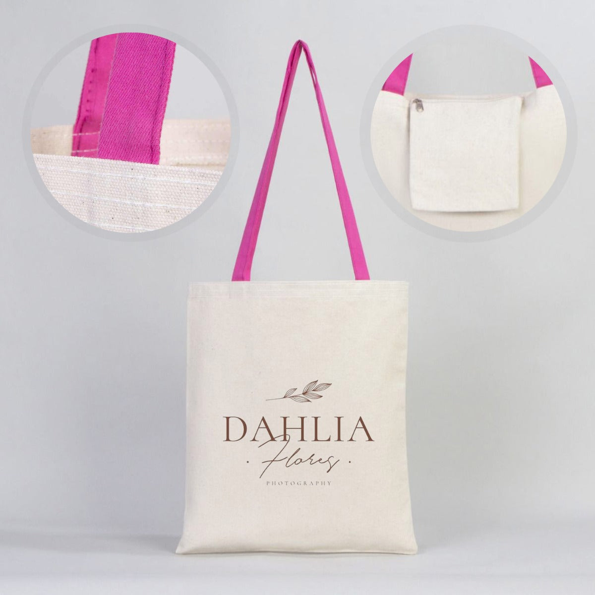 Canvas Bag Fuchsia Handle - 14"W x 16"H (35 cm x 40 cm)  Inner Pocket (Customize)