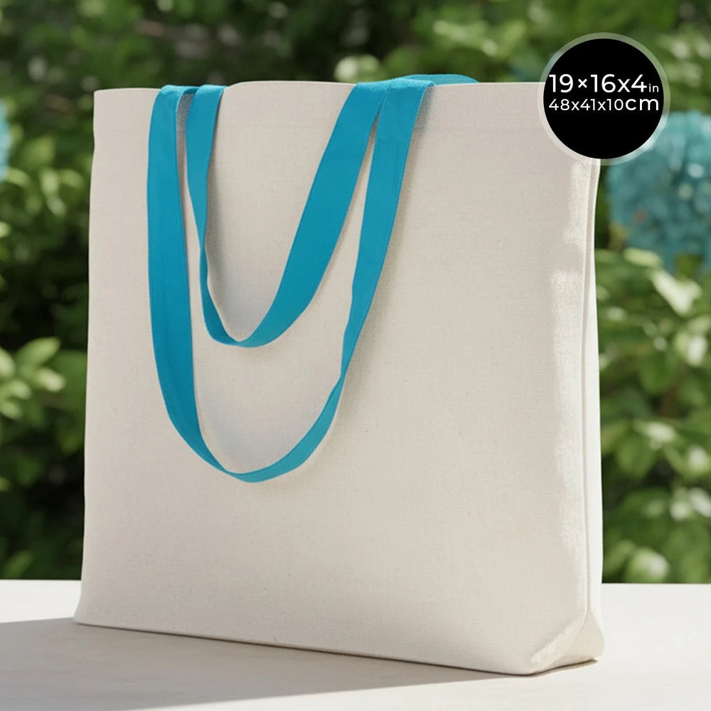 Canvas Beach Tote Bag with Blue Handles – 19" × 16" × 4" (48 × 41 × 10 cm) – 10 oz Cotton - Pamusan.com