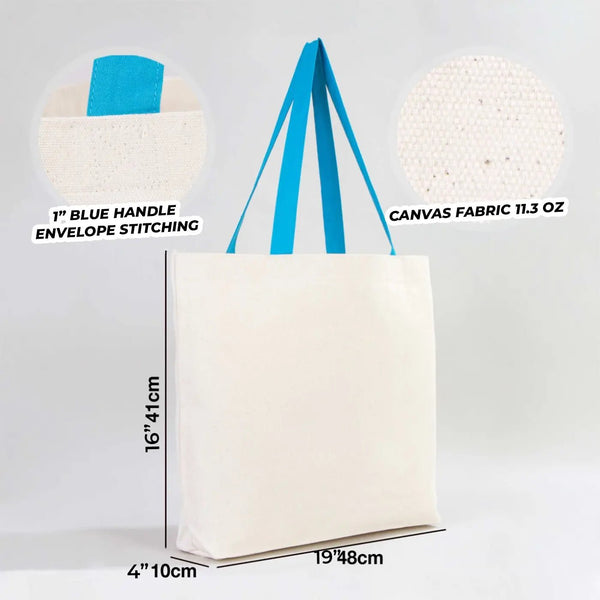 Canvas Beach Tote Bag with Blue Handles – 19" × 16" × 4" (48 × 41 × 10 cm) – 10 oz Cotton - Pamusan.com